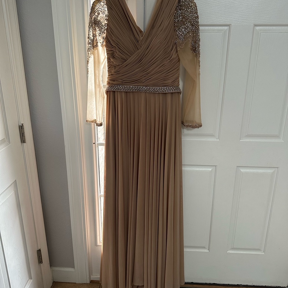 Chic Long Sleeve Nude Dress with Embellished Details